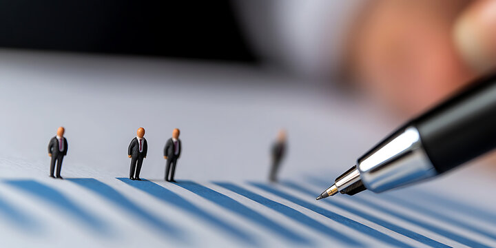 Analyzing business trends with miniature figures on a graph. A pen points to data, highlighting market analysis and strategic decisions. Business people assess growth.