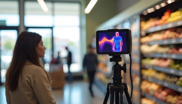 Thermal camera checks body temperature of woman entering modern supermarket. Screen shows heatmap of person. Grocery store uses new tech for public health safety. People shop during global pandemic