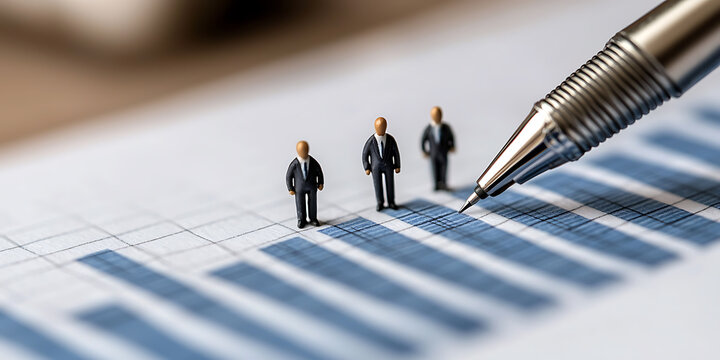 Analyzing Business Data: Miniature figures in suits stand on a bar graph as a pen points to the chart, emphasizing data analysis and business strategy. Planning success.