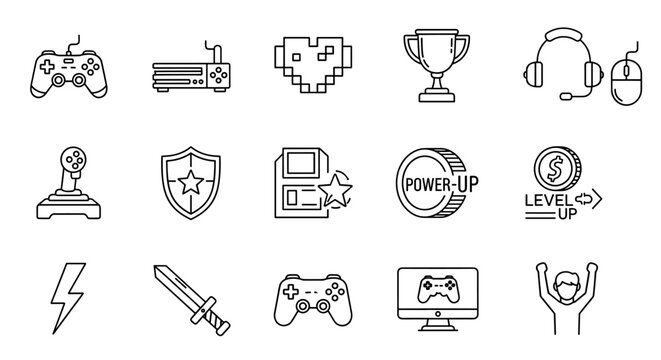 Set of clean, editable stroke outline icons related to video games, gaming, technology, gadgets, and esports, presented on a white background for versatile use in digital and print media, perfect for