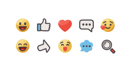 Collection of 3D social media icons and emojis, including a laughing face, thumbs up, heart, speech bubble, kissing face, arrow, surprised face, chat bubble, and magnifying glass, set against a black