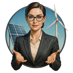 A woman in a dark blazer and glasses holds open hands, with a solar panel on the left and a wind turbine on the right, clean blue gradient, high contrast, modern look