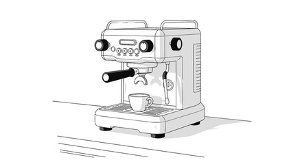 Striking black and white line drawing of a modern espresso machine with a small cup positioned perfectly for brewing a fresh cup of coffee, set against a dark background, evoking a sophisticated cafe