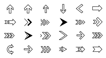 A comprehensive collection of arrow icons in various styles, including simple outlines, bold shapes, and directional indicators, presented in a clean vector format, perfect for web design, UI