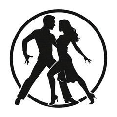 Black vector silhouette shows a couple posed in a dramatic Latin step within a circular frame, bent knees and outstretched arms, heels and flowing skirt, flat design.