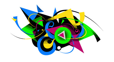 Dynamic and vibrant abstract graphic design featuring a chaotic yet harmonious explosion of geometric shapes, sharp lines, and swirling curves in bright neon colors like electric blue, lime green