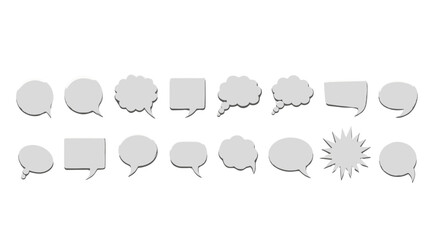 Collection of 3D white speech bubbles and chat icons, presented in an ordered set against a black background, ideal for conveying communication, dialogue, and ideas in graphic design projects.