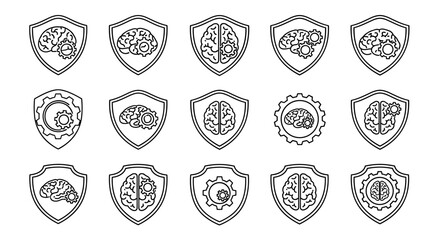 Collection of stylized shield icons featuring a brain integrated with cogwheels, symbolizing intelligence, technology, and mechanical processes, ideal for graphic design, web development, app