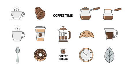 A collection of minimalistic coffee-themed icons and illustrations, perfect for web and graphic design, apps, banners, social networks, and cards. This vector cartoon illustration features elements