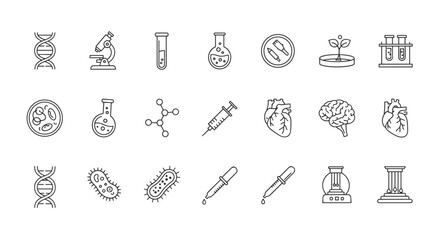 Biotechnology Line Icon Pack: A comprehensive set of editable stroke icons representing DNA, microscopes, test tubes, flasks, petri dishes, plant growth, cells, molecules, syringes, brains, hearts