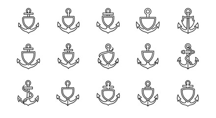Collection of minimalistic thin outline anchor icons with shield shapes, presented in a vector cartoon illustration style, perfect for web design, graphic design, apps, banners, social networks, and