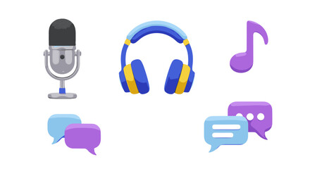 Vibrant 3D cartoon illustration of a podcast microphone, headphones, a music note, and chat bubbles, representing audio recording, music listening, and communication, presented as a clean, ordered