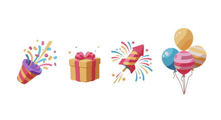 Vibrant 3D illustration set featuring a party popper exploding with confetti, a festive gift box with a ribbon, a colorful firework rocket, and a bunch of balloons, perfect for celebrating special