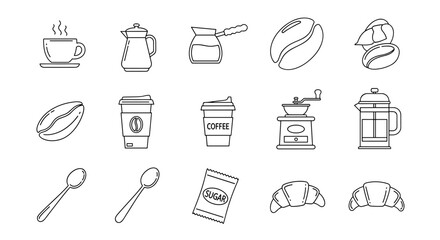 A collection of outline icons representing coffee time, perfect for graphic and web design, apps, adverts, and various cards. This vector cartoon illustration set includes a steaming cup, coffee