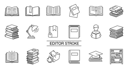 Collection of outline icons representing books and reading, featuring open books, stacked books, a reading lamp, a person reading, a graduation cap on books, and a bookshelf, all with editable stroke
