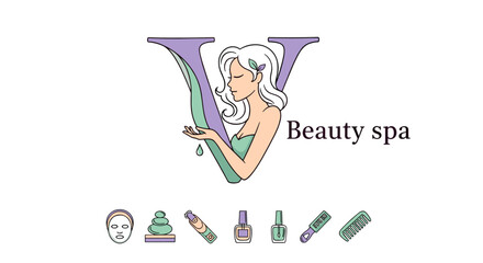Elegant logo for a beauty spa featuring a stylized letter V with a serene woman's profile, accented by spa treatment icons like massage stones, nail polish, and a comb, symbolizing relaxation and