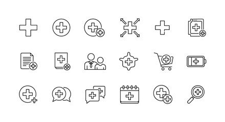 Collection of Plus Sign Related Line Icons, Outline Signs for Graphic and Web Design, Apps, Adverts, Various Cards, Vector Cartoon Illustration with a White Outline on Black Background, Symbolizing