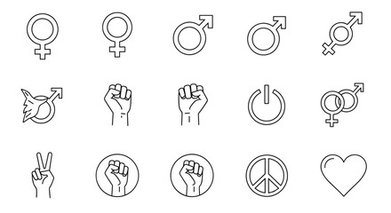 Collection of Outline Symbols Representing Gender, Feminism, Solidarity, and Peace, Drawn with Thin Lines. Ideal for Apps, Websites, Banners, Infographics, and Diverse Design Projects.