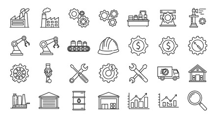 Collection of outline symbols representing factory and manufacturing processes, including gears, robotic arms, hard hats, tools, and delivery trucks, all rendered with thin lines on a black