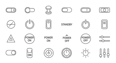 Collection of On and Off Switch Related Line Icons, Outline Signs for Graphic and Web Design, Apps, Adverts, Various Cards, Vector Cartoon Illustration with a White Outline on a Black Background