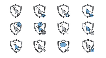 Collection of 12 outline icons featuring a cursor within a shield, each with a distinct symbol representing actions like adding, deleting, information, settings, questions, and security, perfect for