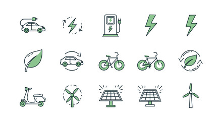 Eco-friendly electric vehicle icon line collection with trendy style vector design with editable stroke, ordered line icon set on white background, representing sustainable transportation and