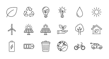 Eco-friendly thin line icon set in minimal style, featuring linear ecology icons for environmental sustainability with simple symbols and editable strokes, representing a clean and green future
