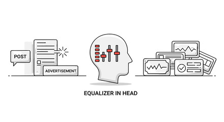 Conceptual vector illustration of an equalizer inside a human head silhouette, symbolizing control over thoughts, emotions, or mental state, with surrounding elements like documents, charts, and