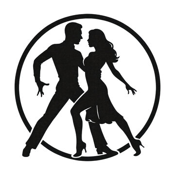Black vector silhouette shows a couple posed in a dramatic Latin step within a circular frame, bent knees and outstretched arms, heels and flowing skirt, flat design.