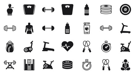 Vivid collection of gym and fitness icons, encompassing healthy lifestyle elements, weight training equipment, body care symbols, and workout or exercise machines, presented as a solid vector icon