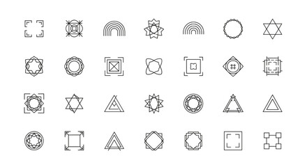 Modern minimalist aesthetic linear frames, arcs, stars, and geometric elements. An ordered collection of clean line icons on a white background, perfect for graphic design, web, and branding. This