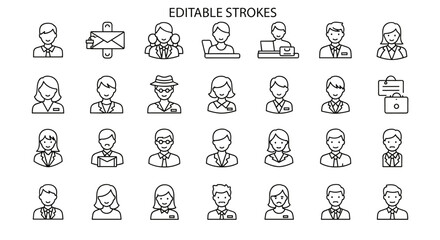 Collection of thin line vector pictograms representing diverse people in business and office settings, including professionals, teachers, students, and user avatars, showcasing simple portraits of