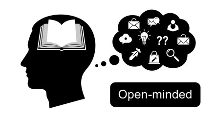 Conceptual illustration of an open mind, symbolized by an open book within a silhouette of a head, with a thought bubble filled with various icons representing ideas, communication, and learning