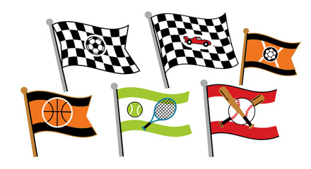 Collection of six vibrant sports-themed flags, each featuring a distinct sport icon on a colorful background, presented as flat vector mini-illustrations on a black canvas, perfect for children's