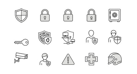 Safety and security thin line icons set, editable stroke, vector illustration for website, marketing design, logo, app, template, UI, and more. Includes shield, padlock, key, safe, surveillance