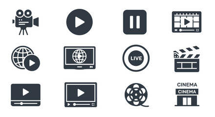 Comprehensive video icon set featuring a vintage camera, play, pause, media player, online video, live streaming, film production clapperboard, movie reel, and cinema building icons, presented as a