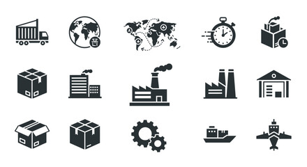 Comprehensive supply chain and logistics icon set, featuring shipping, delivery, product distribution, factory, warehouse, boxes, industry, and global shipment symbols, presented in a solid, modern