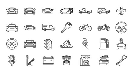 Collection of clean, white line art icons representing various vehicles and automotive elements on a black background, including cars, trucks, motorcycles, bicycles, steering wheels, traffic lights