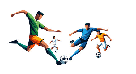 Dynamic abstract vector illustration capturing the intensity of a soccer game with players in vibrant green, blue, and orange jerseys competing for the ball on a dark background, perfect for sports