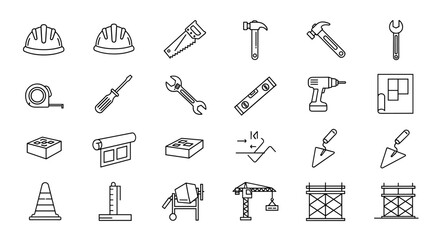 Collection of line art icons representing various construction and architecture tools and equipment, including hard hats, hammers, wrenches, screwdrivers, tape measures, drills, concrete mixers