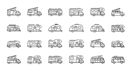 Collection of minimal camper and RV vector icons for outdoor and travel graphic design projects with a clean line art style, featuring various recreational vehicles like motorhomes, travel trailers