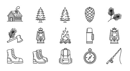 Vintage Camping and Outdoor Adventure Icons Set: A collection of hand-drawn vector illustrations featuring a cozy cabin, pine trees, axe, lanterns, campfire, thermos, hiking boots, backpack, compass