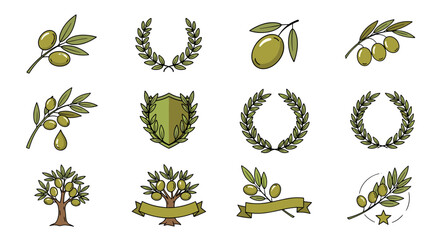 Collection of olive branch logos and badges, featuring olive trees, wreaths, and shields, presented as cartoon illustrations with a clean, modern aesthetic, perfect for branding and design projects.