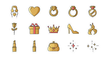 Golden Icons Set: A Collection of Elegant Symbols Representing Love, Luxury, and Femininity, Including a Woman Silhouette, Heart, Rings, Rose, Gift Box, Crown, High Heel Shoe, Lipstick, Purse, and