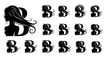 Elegant initial letter B silhouette of a woman with flowing beauty hair, depicted in a vector cartoon illustration style on a clean white background, creating a visually striking and ordered