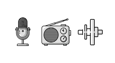 Set of three cartoon vector illustrations: a vintage microphone on a stand, a retro radio with an antenna and dials, and a modern audio equalizer or sound mixer control panel, presented on a clean
