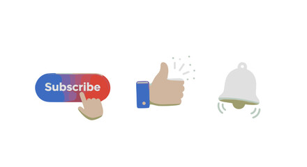 Engaging 3D animation of a "Subscribe" button being pressed, a "Like" icon with a thumbs-up gesture, and a "Bell" notification icon, all presented on a vibrant green screen background, perfect for