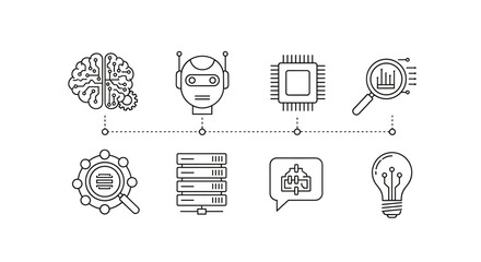 Artificial intelligence icons in a linear style, representing concepts like brain, robot, CPU, data analysis, servers, communication, and innovation, perfect for mobile and web design, symbolizing