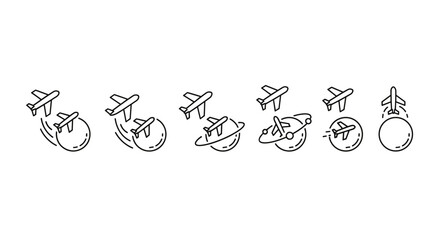 Collection of simple linear airplane icons illustrating flight paths and global travel, featuring planes flying over planets and around orbits, perfect for web, apps, and print designs, with editable