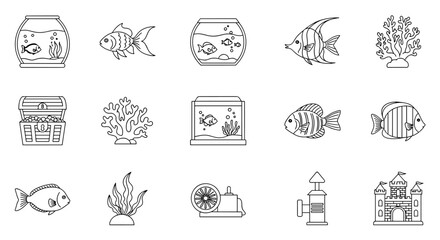 Collection of outline icons representing aquarium elements, including fish, coral, treasure chest, and castle, suitable for graphic and web design, apps, adverts, and various cards. This ordered set
